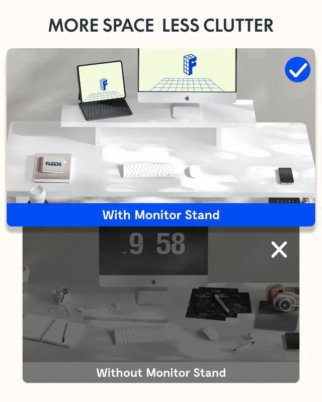 Alt view image 4 of 7 - Standing Desk with Monitor Stand, 48 x 24 Inches One-Piece Electric Height Adjustable Computer Desk with Cup Holder for Home Office (White Frame+ White Top)