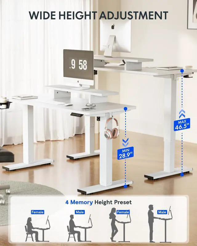 Alt view image 7 of 7 - Standing Desk with Monitor Stand, 48 x 24 Inches One-Piece Electric Height Adjustable Computer Desk with Cup Holder for Home Office (White Frame+ White Top)