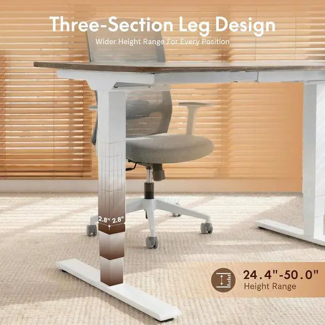 Alt view image 6 of 7 - E6 MAX Woodix Acacia Solid Wood 60"x30" Dual Motor Heavy Duty Standing Desk, 330lbs Capacity, 3-Stage Height Adjustable Desk w/Cable Management & Wheels(Natural Acacia Wood + White Frame)