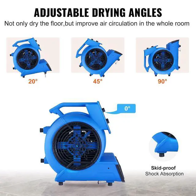 Alt view image 4 of 7 - Air Mover, 1/2 HP 2600 CFM Carpet Dryer for Cooling and Ventilating, Portable Floor Blower Fan with 4 Blowing Angles and Time Function, for Janitorial, Home, Commercial Use