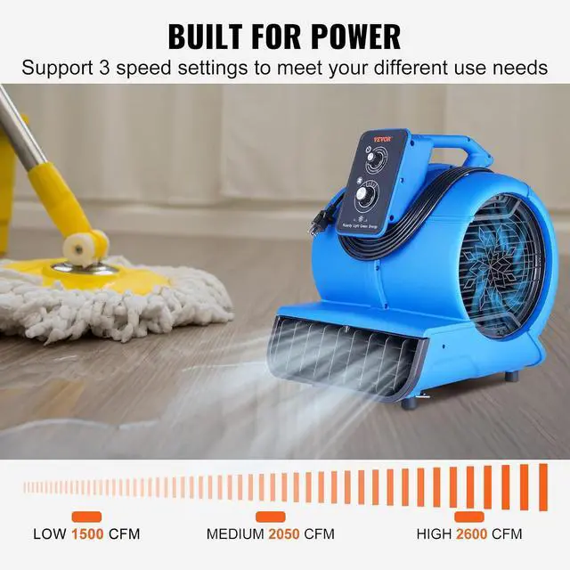 Alt view image 3 of 7 - Air Mover, 1/2 HP 2600 CFM Carpet Dryer for Cooling and Ventilating, Portable Floor Blower Fan with 4 Blowing Angles and Time Function, for Janitorial, Home, Commercial Use