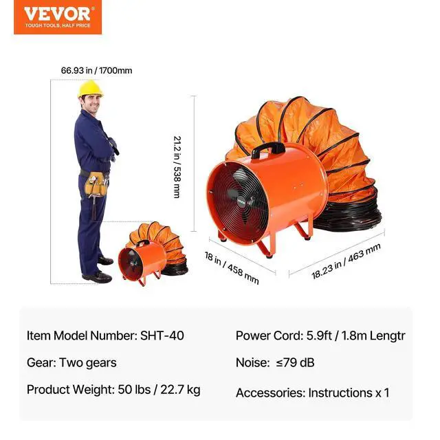 Alt view image 7 of 7 - 16 Inch Utility Blower Fan, 2 Speed 5175 CFM Heavy Duty Cylinder Axial Exhaust Fan with 33ft Duct Hose, Industrial Portable Confined Space Ventilator for basements, warehouse, Workshop
