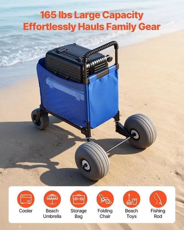 Alt view image 3 of 7 - Beach Cart, 165LBS Load Capacity, Portable Folding Beach Wagon Dolly with 12" Balloon Wheels for Sand, Storage Bag & 4-Level Adjustable Height for Outdoor Camping Fishing