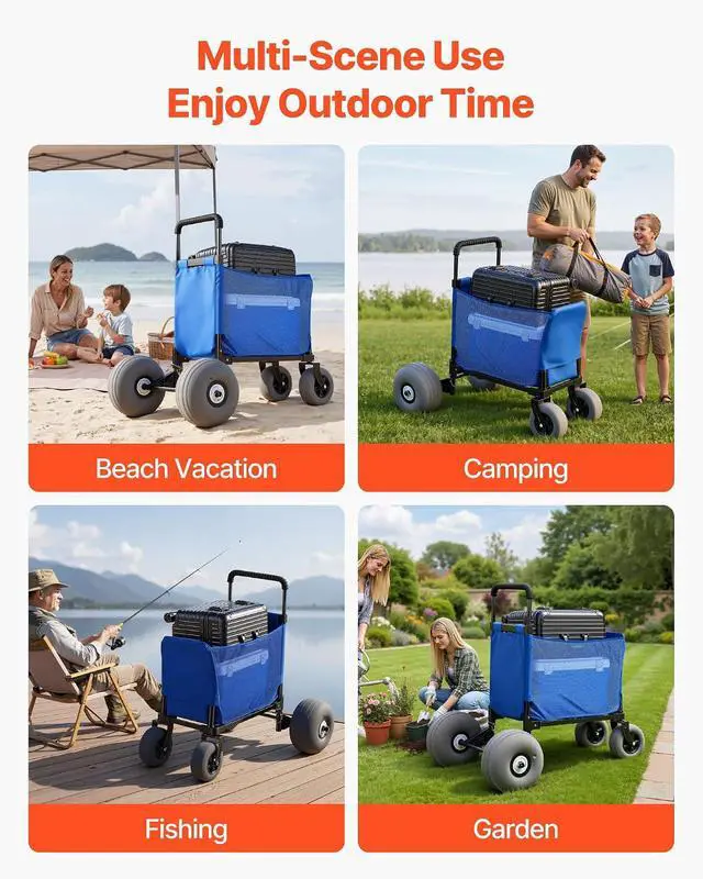 Alt view image 7 of 7 - Beach Cart, 165LBS Load Capacity, Portable Folding Beach Wagon Dolly with 12" Balloon Wheels for Sand, Storage Bag & 4-Level Adjustable Height for Outdoor Camping Fishing