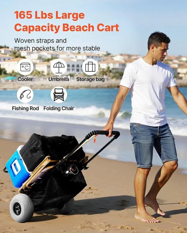 Alt view image 2 of 7 - Beach Dolly with Big Wheels for Sand, 20.1" x 14.6" Cargo Deck, w/ 9" Balloon Wheels, 165LBS Loading Capacity Folding Sand Cart & 27.2" to 44.9" Adjustable Height, Heavy Duty Cart for Beach