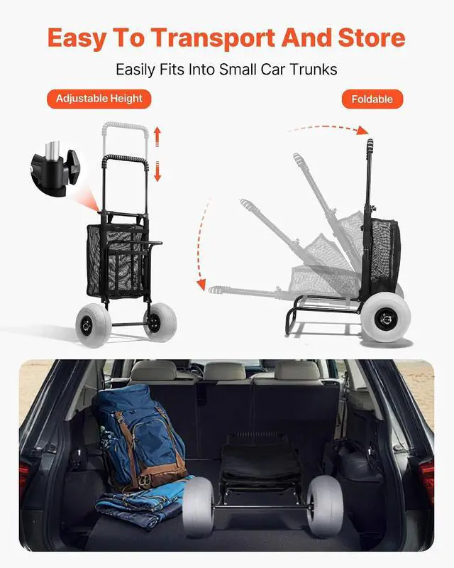 Alt view image 6 of 7 - Beach Dolly with Big Wheels for Sand, 20.1" x 14.6" Cargo Deck, w/ 9" Balloon Wheels, 165LBS Loading Capacity Folding Sand Cart & 27.2" to 44.9" Adjustable Height, Heavy Duty Cart for Beach