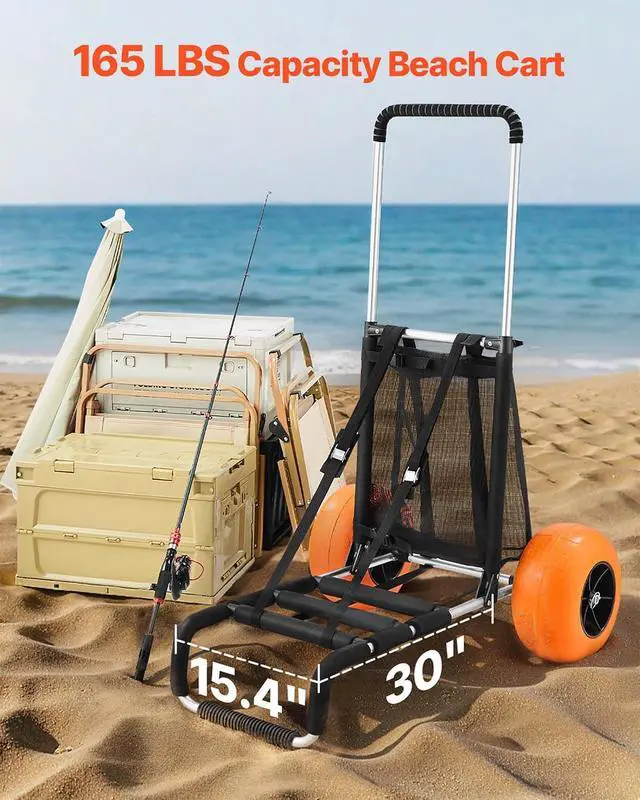 Alt view image 2 of 7 - Beach Dolly with Big Wheels for Sand, 29.9" x 15.4" Cargo Deck, w/ 12" Solid Wheels, 165LBS Loading Capacity Folding Sand Cart & 27" to 44.7" Adjustable Height, Heavy Duty Cart for Beach