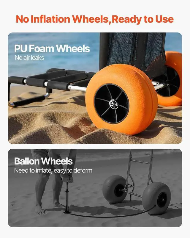 Alt view image 3 of 7 - Beach Dolly with Big Wheels for Sand, 29.9" x 15.4" Cargo Deck, w/ 12" Solid Wheels, 165LBS Loading Capacity Folding Sand Cart & 27" to 44.7" Adjustable Height, Heavy Duty Cart for Beach
