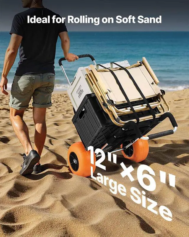 Alt view image 4 of 7 - Beach Dolly with Big Wheels for Sand, 29.9" x 15.4" Cargo Deck, w/ 12" Solid Wheels, 165LBS Loading Capacity Folding Sand Cart & 27" to 44.7" Adjustable Height, Heavy Duty Cart for Beach
