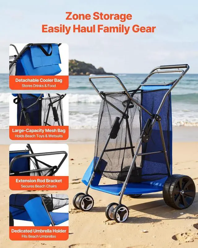 Alt view image 5 of 7 - Beach Cart, 165LBS Load Capacity, Portable Folding Beach Wagon Dolly with 10" Solid Wheel for Sand, Insulated Cooler Bag, Large Mesh Bag&Umbrella Holder for Outdoor Camping Fishing