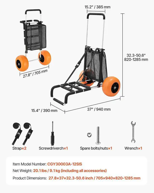 Alt view image 7 of 7 - Beach Dolly with Big Wheels for Sand, 29.9" x 15.4" Cargo Deck, w/ 12" Solid Wheels, 165LBS Loading Capacity Folding Sand Cart & 27" to 44.7" Adjustable Height, Heavy Duty Cart for Beach