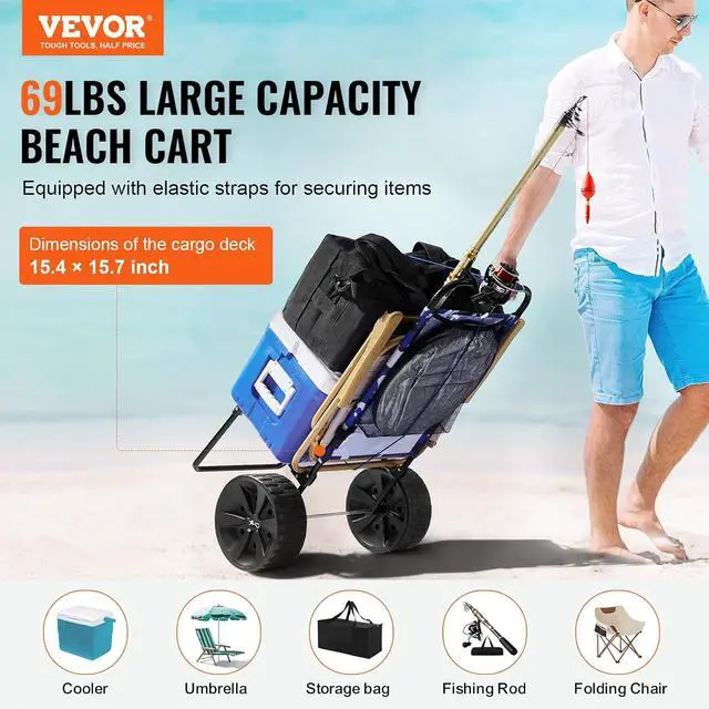 Alt view image 2 of 7 - Beach Dolly with Big Wheels for Sand, 15.4" x 15.7" Cargo Deck, w/ 10" PE Solid Wheels, 69LBS Loading Capacity Folding Sand Cart, Heavy Duty Cart for Picnic, Camping, Fishing, Beach, Gardening