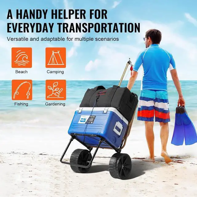 Alt view image 6 of 7 - Beach Dolly with Big Wheels for Sand, 15.4" x 15.7" Cargo Deck, w/ 10" PE Solid Wheels, 69LBS Loading Capacity Folding Sand Cart, Heavy Duty Cart for Picnic, Camping, Fishing, Beach, Gardening