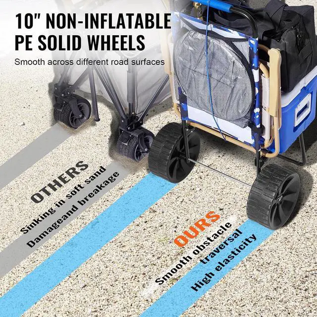 Alt view image 3 of 7 - Beach Dolly with Big Wheels for Sand, 15.4" x 15.7" Cargo Deck, w/ 10" PE Solid Wheels, 69LBS Loading Capacity Folding Sand Cart, Heavy Duty Cart for Picnic, Camping, Fishing, Beach, Gardening