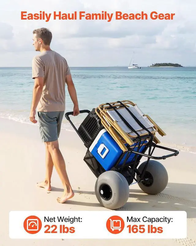 Alt view image 2 of 7 - Beach Dolly with Big Wheels for Sand, 18" x 15" Cargo Deck, Folding Sand Cart with 12" Balloon Wheels, 165 lbs Loading Capacity & 34" to 45" Adjustable Height, Heavy Duty Cart for Beach Camping