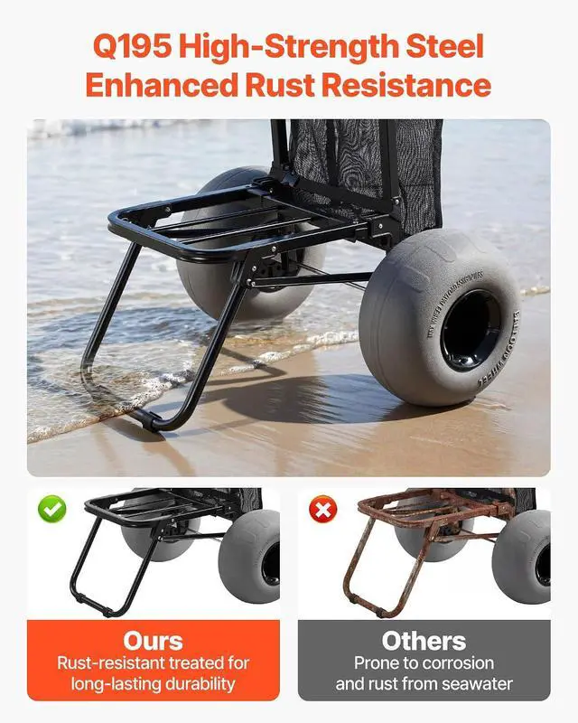 Alt view image 4 of 7 - Beach Dolly with Big Wheels for Sand, 18" x 15" Cargo Deck, Folding Sand Cart with 12" Balloon Wheels, 165 lbs Loading Capacity & 34" to 45" Adjustable Height, Heavy Duty Cart for Beach Camping