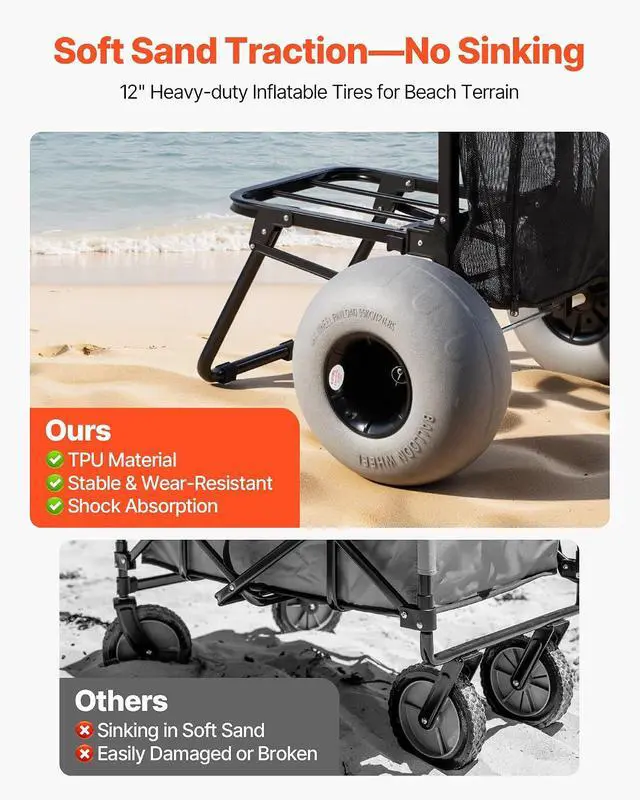 Alt view image 3 of 7 - Beach Dolly with Big Wheels for Sand, 18" x 15" Cargo Deck, Folding Sand Cart with 12" Balloon Wheels, 165 lbs Loading Capacity & 34" to 45" Adjustable Height, Heavy Duty Cart for Beach Camping