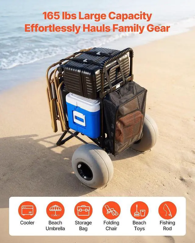 Alt view image 5 of 7 - Beach Dolly with Big Wheels for Sand, 18" x 15" Cargo Deck, Folding Sand Cart with 12" Balloon Wheels, 165 lbs Loading Capacity & 34" to 45" Adjustable Height, Heavy Duty Cart for Beach Camping