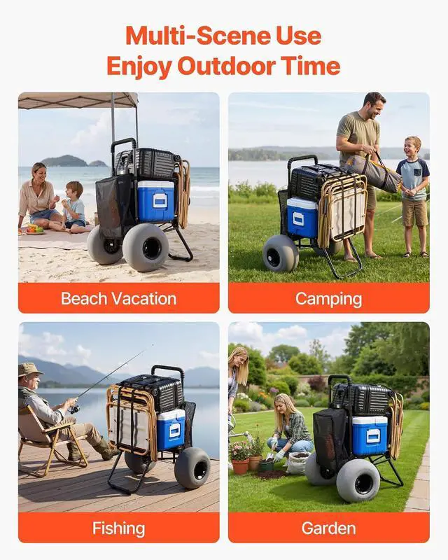 Alt view image 7 of 7 - Beach Dolly with Big Wheels for Sand, 18" x 15" Cargo Deck, Folding Sand Cart with 12" Balloon Wheels, 165 lbs Loading Capacity & 34" to 45" Adjustable Height, Heavy Duty Cart for Beach Camping