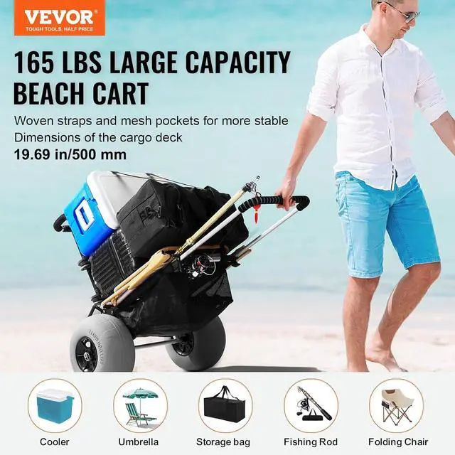 Alt view image 2 of 7 - Beach Dolly with Big Wheels for Sand, 29.9" x 15.4" Cargo Deck, w/ 12" Balloon Wheels, 165LBS Loading Capacity Folding Sand Cart & 27" to 44.7" Adjustable Height, Heavy Duty Cart for Beach