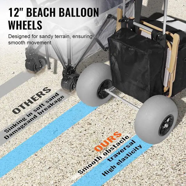Alt view image 3 of 7 - Beach Dolly with Big Wheels for Sand, 29.9" x 15.4" Cargo Deck, w/ 12" Balloon Wheels, 165LBS Loading Capacity Folding Sand Cart & 27" to 44.7" Adjustable Height, Heavy Duty Cart for Beach