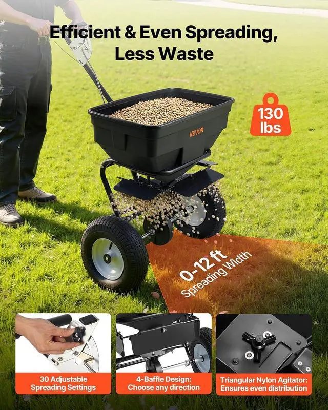 Alt view image 2 of 7 - Broadcast Spreader, 12ft Spreading Width, Push Broadcast Spreader with 13" All-Terrain Tires, Adjustable Flow Control, 130lbs Capacity Hopper, Lawn Spreaders for Fertilizer Seed Ice Melt