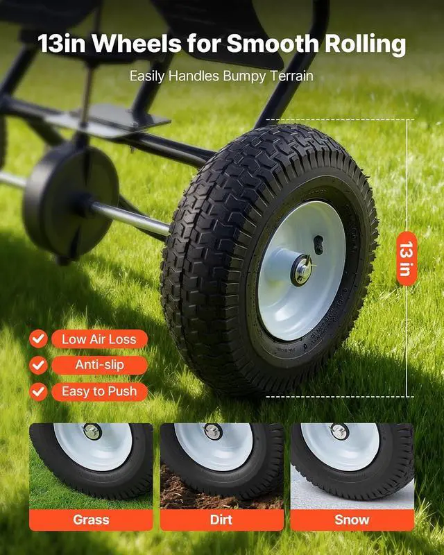Alt view image 3 of 7 - Broadcast Spreader, 12ft Spreading Width, Push Broadcast Spreader with 13" All-Terrain Tires, Adjustable Flow Control, 130lbs Capacity Hopper, Lawn Spreaders for Fertilizer Seed Ice Melt