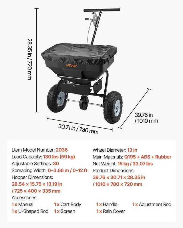 Alt view image 7 of 7 - Broadcast Spreader, 12ft Spreading Width, Push Broadcast Spreader with 13" All-Terrain Tires, Adjustable Flow Control, 130lbs Capacity Hopper, Lawn Spreaders for Fertilizer Seed Ice Melt