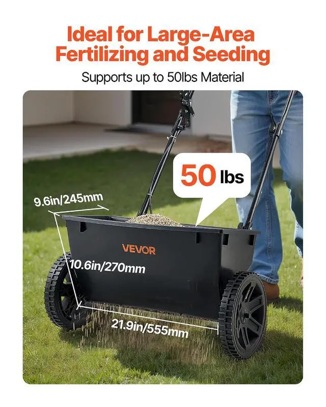 Alt view image 3 of 7 - Broadcast Spreader, 50LBS Capacity, Drop Spreader with Hopper Grate, 18 in Spreading Width & 30 Settings, 10 in All Terrain Tires, Garden & Lawn Spreaders for Seed, Fertilizer