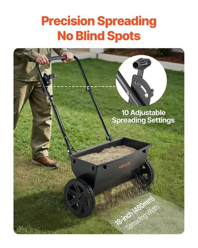 Alt view image 2 of 7 - Broadcast Spreader, 50LBS Capacity, Drop Spreader with Hopper Grate, 18 in Spreading Width & 30 Settings, 10 in All Terrain Tires, Garden & Lawn Spreaders for Seed, Fertilizer