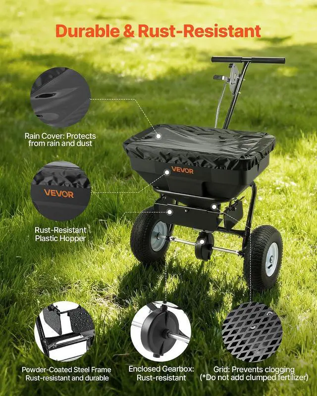 Alt view image 5 of 7 - Broadcast Spreader, 12ft Spreading Width, Push Broadcast Spreader with 13" All-Terrain Tires, Adjustable Flow Control, 130lbs Capacity Hopper, Lawn Spreaders for Fertilizer Seed Ice Melt