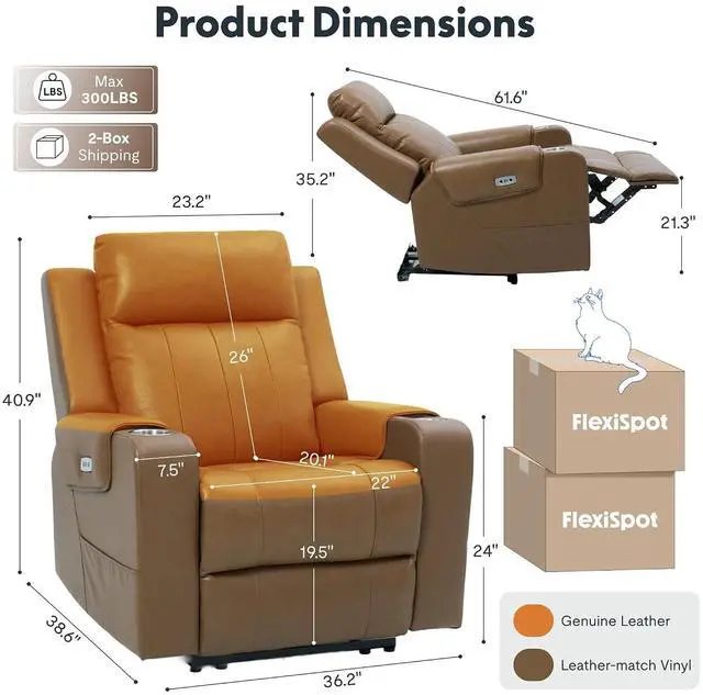 Alt view image 2 of 7 - Truffle Top Grain Leather Power Wall Hugger Recliner Chairs with Massage & Heat, Electric RV Recliner with Adjustable Headrest, Space-Saving Sofa for Living Room Home Theater, Light Brown