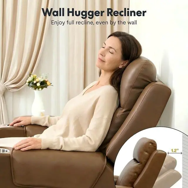 Alt view image 5 of 7 - Truffle Top Grain Leather Power Wall Hugger Recliner Chairs with Massage & Heat, Electric RV Recliner with Adjustable Headrest, Space-Saving Sofa for Living Room Home Theater, Light Brown