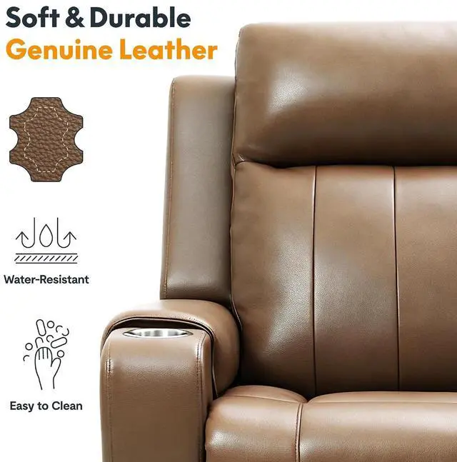 Alt view image 4 of 7 - Truffle Top Grain Leather Power Wall Hugger Recliner Chairs with Massage & Heat, Electric RV Recliner with Adjustable Headrest, Space-Saving Sofa for Living Room Home Theater, Light Brown