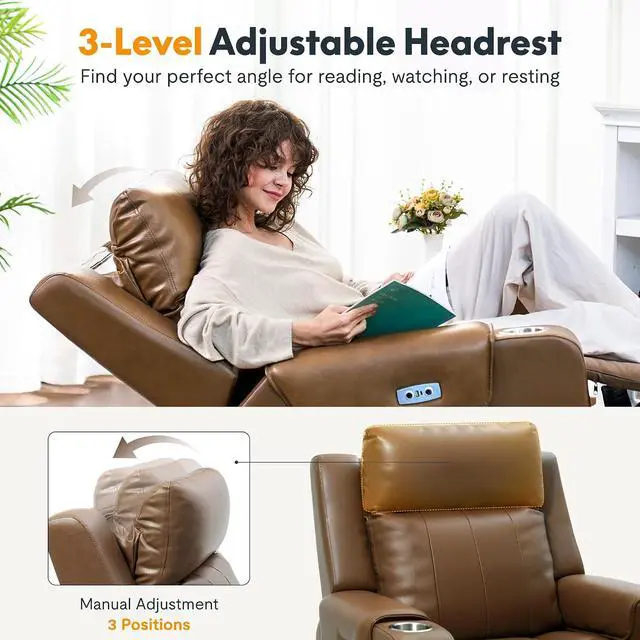 Alt view image 6 of 7 - Truffle Top Grain Leather Power Wall Hugger Recliner Chairs with Massage & Heat, Electric RV Recliner with Adjustable Headrest, Space-Saving Sofa for Living Room Home Theater, Light Brown