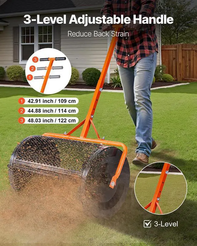 Alt view image 2 of 7 - Compost Spreader, 24 in Wide Peat Moss Spreader with T Shaped Handle, 3 Heights Adjustable, Powder-Coated Steel Garden Peat Moss Roller, Heavy Duty Grass Seed Spreaders for Planting Seeding