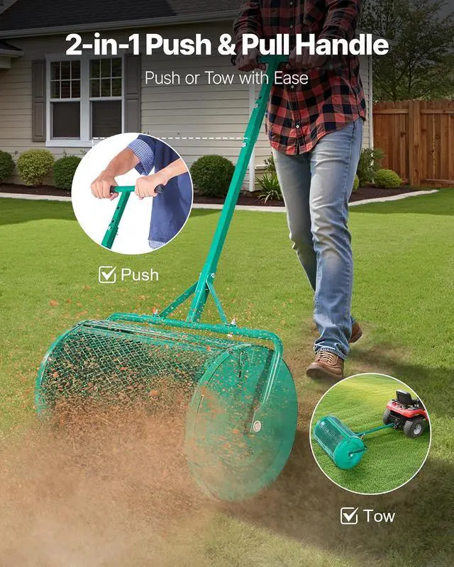 Alt view image 2 of 7 - Compost Spreader, 24 in Wide Peat Moss Spreader with Push/Tow Handle, 4 Heights Adjustable, Powder-Coated Steel Garden Peat Moss Roller, Heavy Duty Grass Seed Spreaders for Planting Seeding