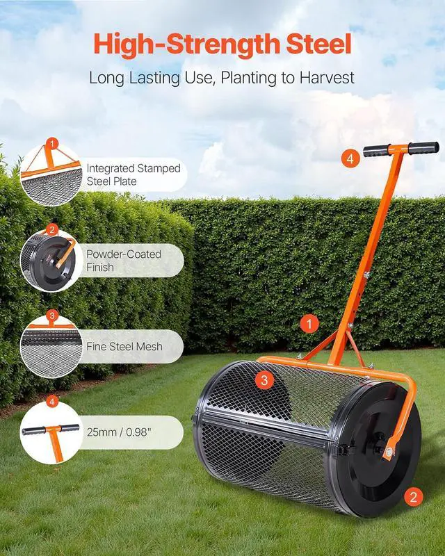 Alt view image 3 of 7 - Compost Spreader, 24 in Wide Peat Moss Spreader with T Shaped Handle, 3 Heights Adjustable, Powder-Coated Steel Garden Peat Moss Roller, Heavy Duty Grass Seed Spreaders for Planting Seeding