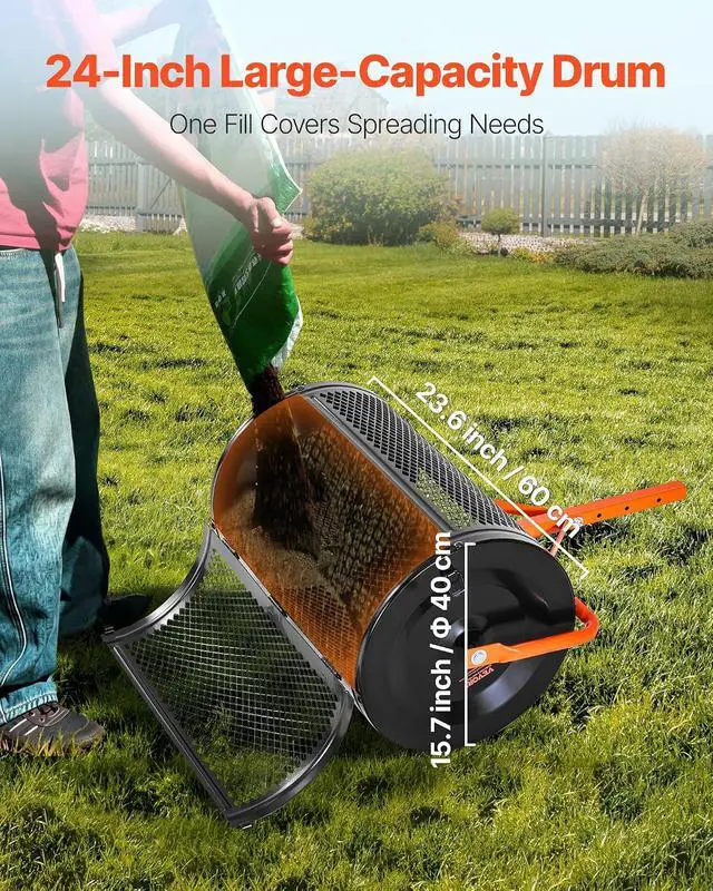 Alt view image 5 of 7 - Compost Spreader, 24 in Wide Peat Moss Spreader with T Shaped Handle, 3 Heights Adjustable, Powder-Coated Steel Garden Peat Moss Roller, Heavy Duty Grass Seed Spreaders for Planting Seeding