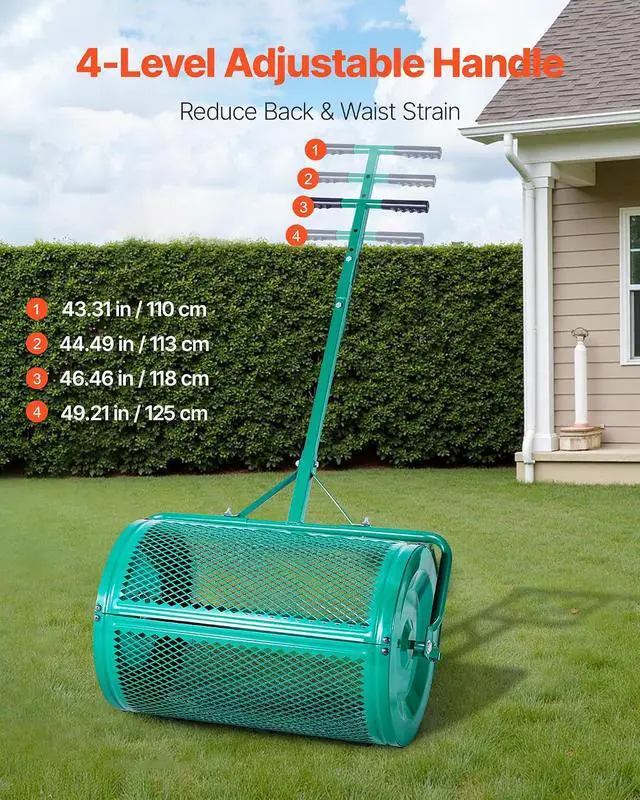 Alt view image 3 of 7 - Compost Spreader, 24 in Wide Peat Moss Spreader with Push/Tow Handle, 4 Heights Adjustable, Powder-Coated Steel Garden Peat Moss Roller, Heavy Duty Grass Seed Spreaders for Planting Seeding