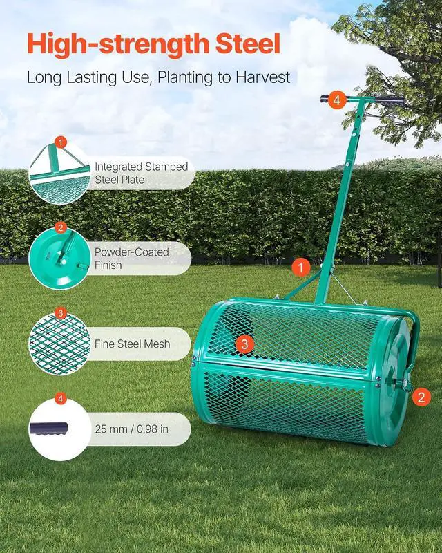 Alt view image 4 of 7 - Compost Spreader, 24 in Wide Peat Moss Spreader with Push/Tow Handle, 4 Heights Adjustable, Powder-Coated Steel Garden Peat Moss Roller, Heavy Duty Grass Seed Spreaders for Planting Seeding