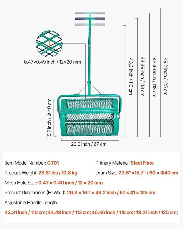 Alt view image 7 of 7 - Compost Spreader, 24 in Wide Peat Moss Spreader with Push/Tow Handle, 4 Heights Adjustable, Powder-Coated Steel Garden Peat Moss Roller, Heavy Duty Grass Seed Spreaders for Planting Seeding