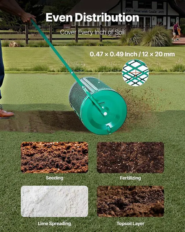 Alt view image 6 of 7 - Compost Spreader, 24 in Wide Peat Moss Spreader with Push/Tow Handle, 4 Heights Adjustable, Powder-Coated Steel Garden Peat Moss Roller, Heavy Duty Grass Seed Spreaders for Planting Seeding