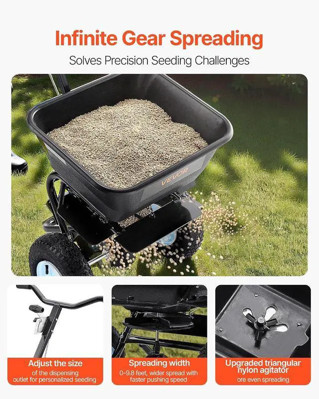 Alt view image 3 of 7 - Broadcast Spreader, 100LBS Capacity, Walk-Behind Push Spreader, 0-9.8ft Spreading Width, 13 in All Terrain Pneumatic Tires, Fertilizer Spreaders with Hopper Grate, for Seed Salt Ice Melt