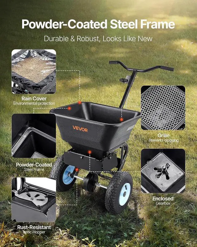 Alt view image 4 of 7 - Broadcast Spreader, 100LBS Capacity, Walk-Behind Push Spreader, 0-9.8ft Spreading Width, 13 in All Terrain Pneumatic Tires, Fertilizer Spreaders with Hopper Grate, for Seed Salt Ice Melt