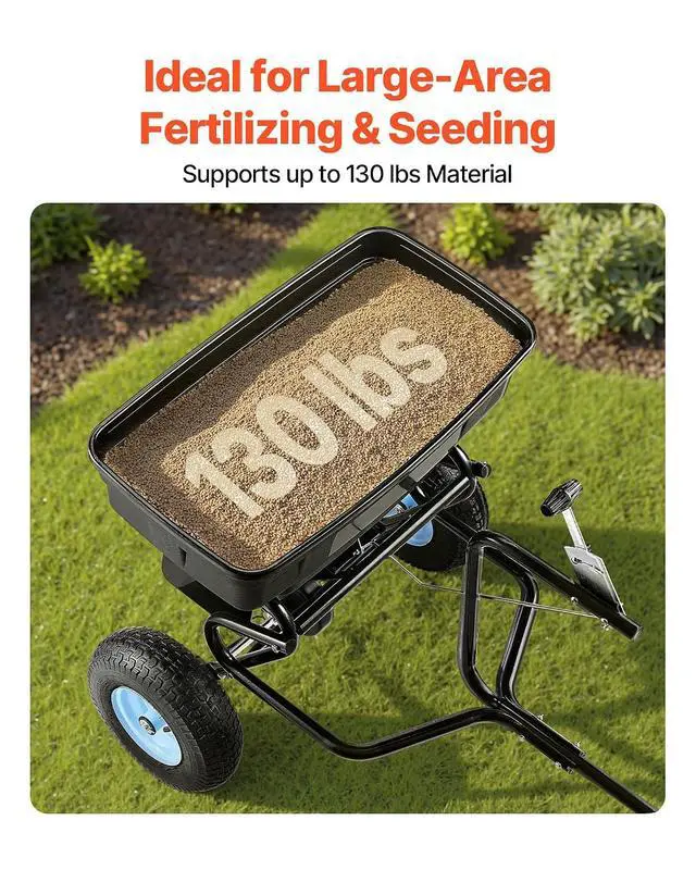Alt view image 3 of 7 - Tow Behind Broadcast Spreader, 130LBS Capacity, Tow/Push Garden Spreader with 13 in Tires, 30 Adjustable Setting & 9.8 ft Spreading Width, Lawn Spreaders for Seed, Fertilizer, Salt, Ice Melt