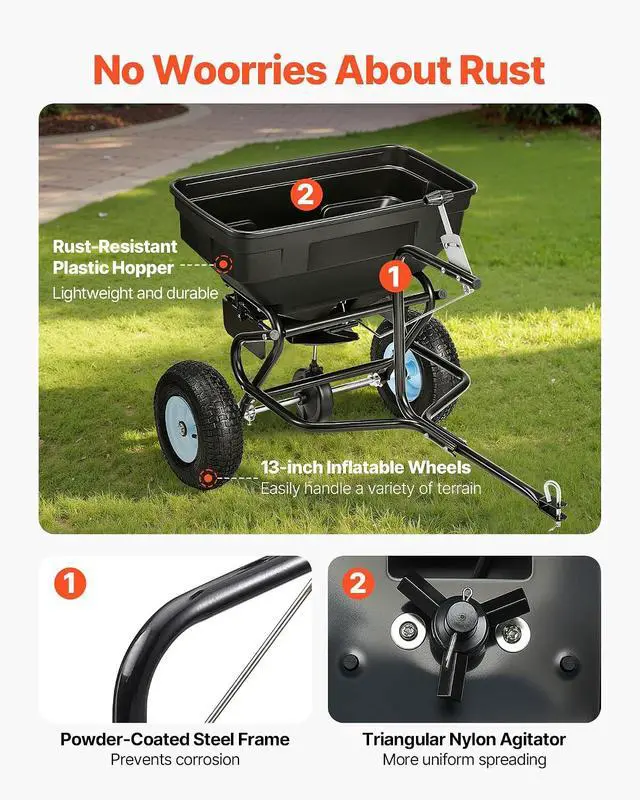 Alt view image 5 of 7 - Tow Behind Broadcast Spreader, 130LBS Capacity, Tow/Push Garden Spreader with 13 in Tires, 30 Adjustable Setting & 9.8 ft Spreading Width, Lawn Spreaders for Seed, Fertilizer, Salt, Ice Melt