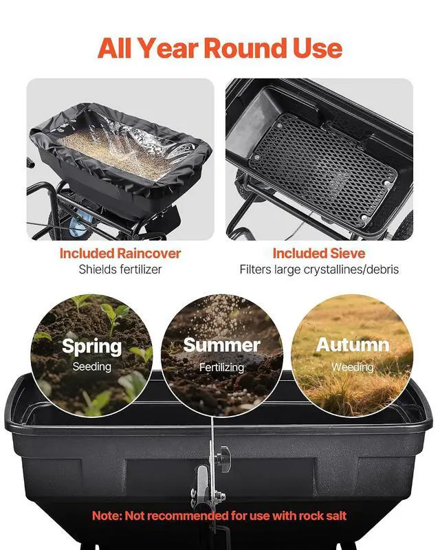 Alt view image 6 of 7 - Tow Behind Broadcast Spreader, 130LBS Capacity, Tow/Push Garden Spreader with 13 in Tires, 30 Adjustable Setting & 9.8 ft Spreading Width, Lawn Spreaders for Seed, Fertilizer, Salt, Ice Melt