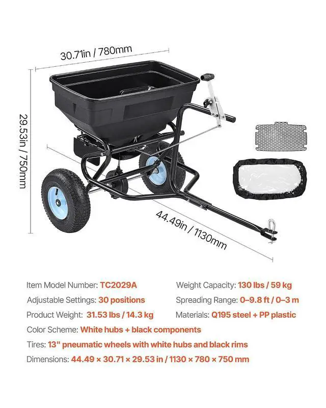 Alt view image 7 of 7 - Tow Behind Broadcast Spreader, 130LBS Capacity, Tow/Push Garden Spreader with 13 in Tires, 30 Adjustable Setting & 9.8 ft Spreading Width, Lawn Spreaders for Seed, Fertilizer, Salt, Ice Melt