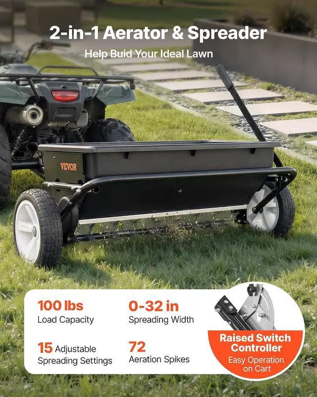 Alt view image 2 of 7 - Tow Behind Lawn Spreader with Aeration Spikes, 32 in Spreading Width, Broadcast Spreader with Universal Hitch, Garden Seeder & Soil Aerator with 100lbs Capacity & 10 in Tires for ATVs UTVs